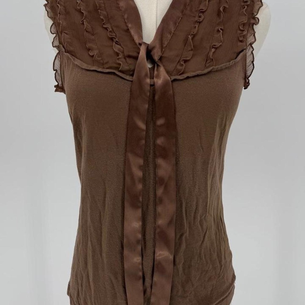 Merona Brown Modal Blouse Ruffled Collar Tie Front Sleeveless Top Small